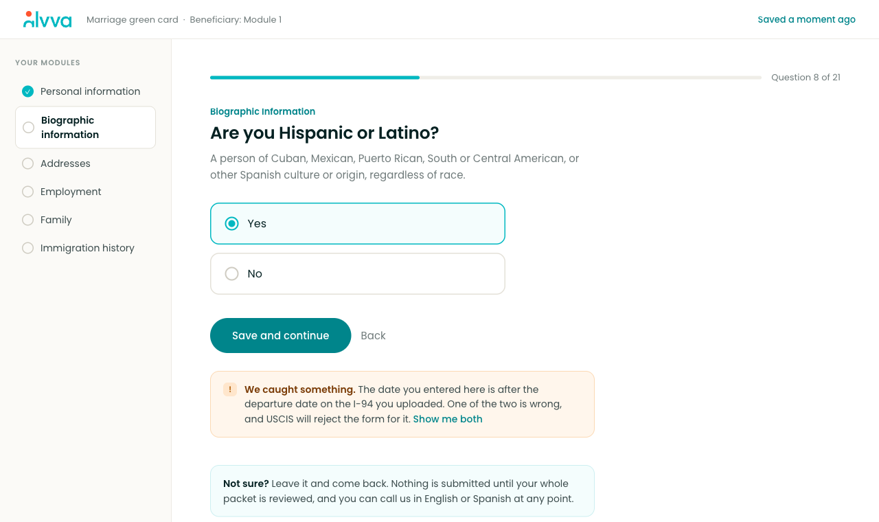 The Alvva question screen, where you answer in plain language and upload documents from your phone.